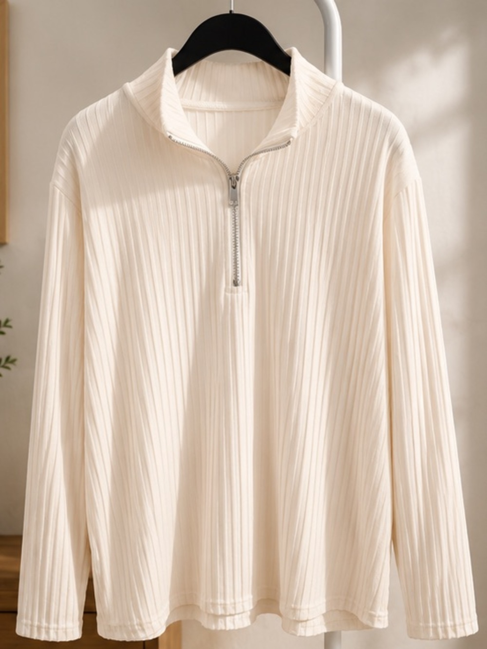 Cream Ribbed Quarter-Zip Long Sleeve Top